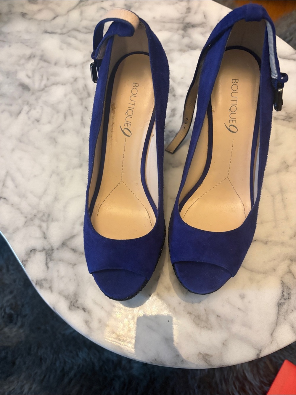 Boutique 9 Royal Blue Suede Peep-Toe Ankle-Strap Heels